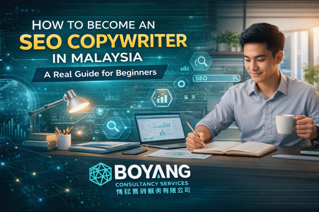 How to Become an SEO Copywriter in Malaysia featured image showing a professional writing SEO content with Boyang Consultancy Services branding