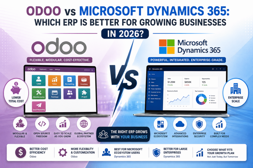 Odoo vs Microsoft Dynamics 365 comparison for growing businesses in 2026 showing ERP features pricing scalability and customization