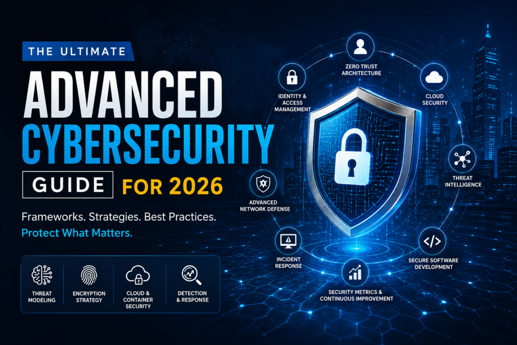 Advanced Cybersecurity Guide 2026 featuring zero trust architecture cloud security identity access management and threat intelligence