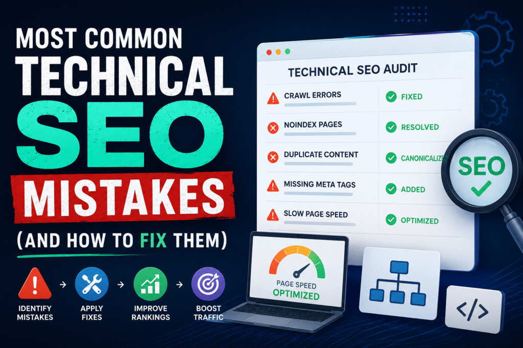 Most Common Technical SEO Mistakes and How to Fix Them illustrated with website audit and SEO error analysis