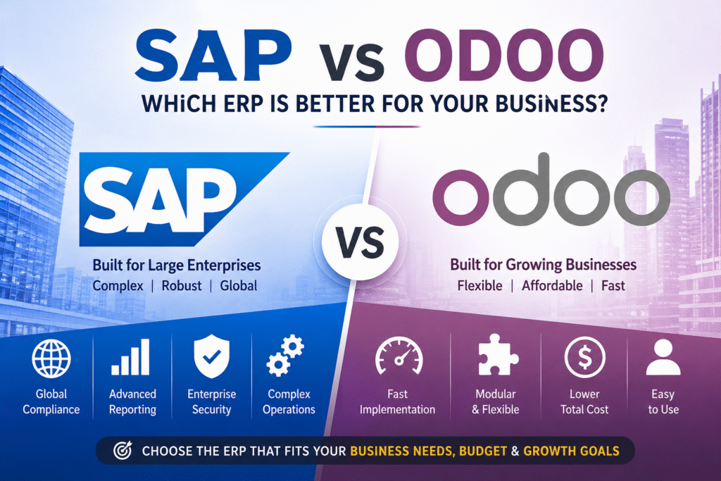 SAP vs Odoo ERP comparison showing differences in cost, implementation, customization, scalability, and business suitability.
