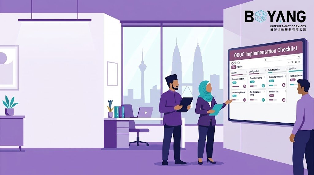 Odoo ERP implementation checklist reviewed by a business team in a Malaysian office